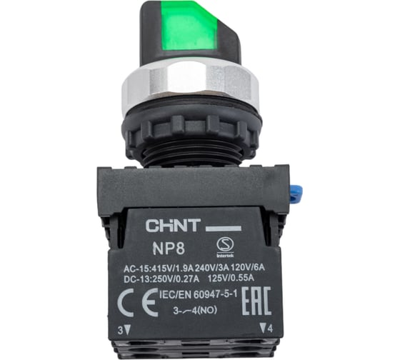 Переключатель CHINT с подсветкой NP8-11XD/213 2 полож. 1НО+1НЗ зел. AC 110В-230В(LED) 667149