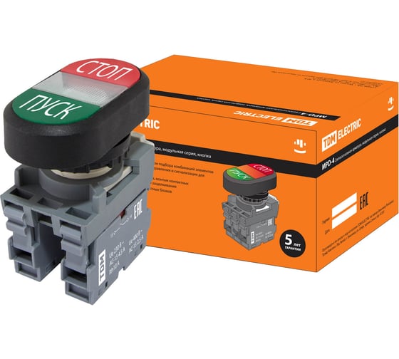 Двойная кнопка TDM MPD4-11С (LED; в сборе; диаметр 22 мм; 220В; ПУСК/СТОП) SQ0747-0057