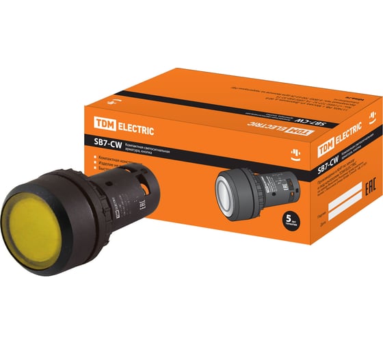 Кнопка TDM SB7-CW3561-24V(LED) (диаметр 22 мм; 1з; желтая) SQ0746-0030