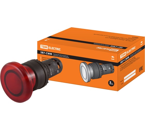 Грибовидная кнопка TDM SB7-CWM42-220V(LED) (диаметр 35 мм; 1р; красная) SQ0746-0051