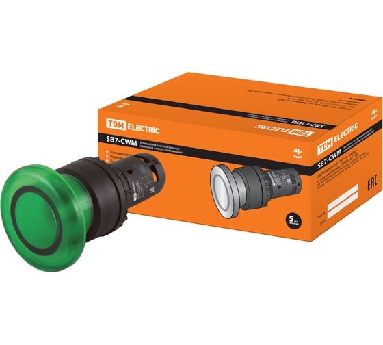 Грибовидная кнопка TDM SB7-CWM31-220V(LED) (диаметр 35 мм; 1з; зеленая) SQ0746-0049