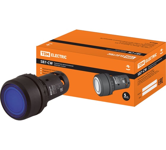 Кнопка TDM SB7-CW3661-220V(LED) (диаметр 22 мм; 1з; синяя) SQ0746-0031 1