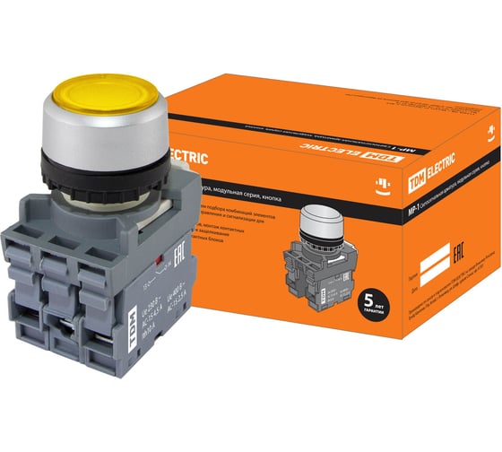Кнопка TDM MP1-21Y(LED) (в сборе; диаметр 22 мм; 220В; 1з+1р; желтая) SQ0747-0015