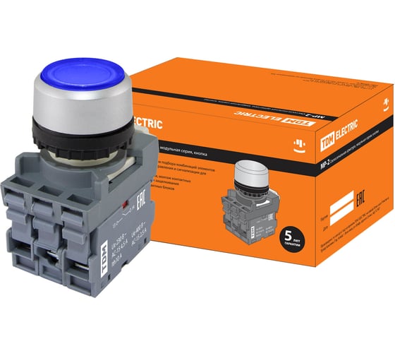 Кнопка с фиксацией TDM MP2-21L (LED; в сборе; диаметр 22 мм; 1з+1р; 220В; синяя) SQ0747-0024