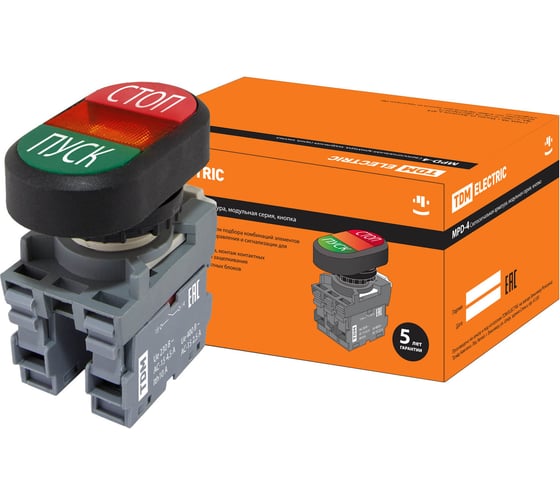 Двойная кнопка TDM MPD4-11R (LED; в сборе; диаметр 22 мм; 220В; ПУСК/СТОП) SQ0747-0054 1
