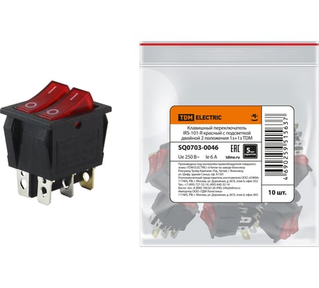 Клавишный переключатель TDM ELECTRIC IRS-101-R красный с подсветкой, двойной 2 положения 1з+1з SQ0703-0046