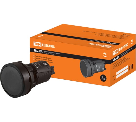 Кнопка TDM SB7-EA25 с возвратом, 1НО+1НЗ, d22 мм, черная, IP40 SQ0746-0020