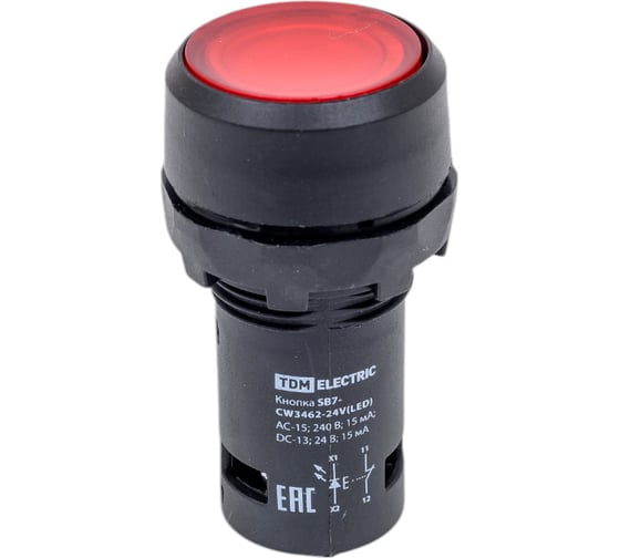 Кнопка TDM sb7-cw3462-24v(led) d22мм, 1р красная SQ0746-0028