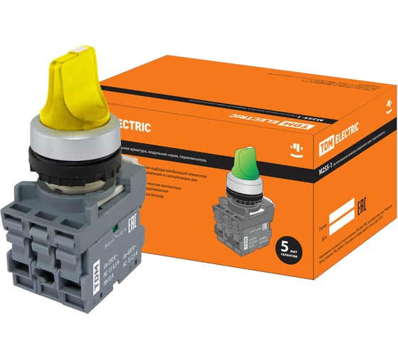 Переключатель на 2 положения TDM с фиксацией m2ss1-21y короткая ручка(led) d22мм/220b 1з+1р желтый SQ0747-0072