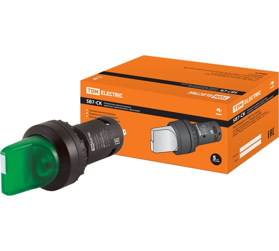 Переключатель на 2 положения TDM с фиксацией sb7-ck2361-24v короткая ручка(led) d22мм 1з зеленый SQ0746-0054