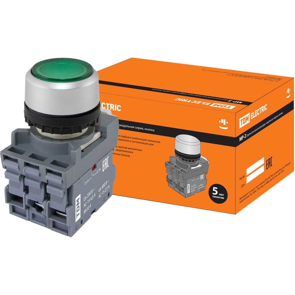 Кнопка с фиксацией TDM MP2-21G(LED) в сборе d22мм/220В 1з+1р зеленая ...