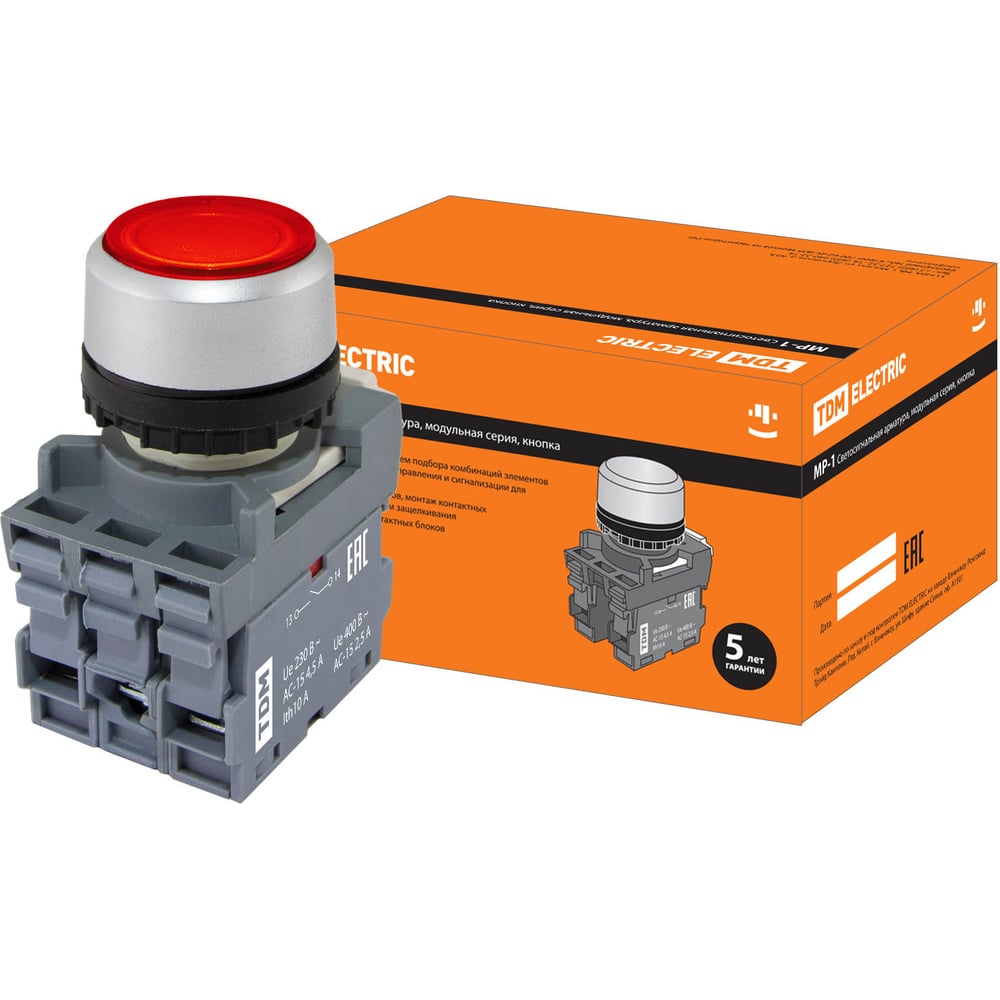 Кнопка TDM MP1-21R(LED) в сборе d22мм/24В 1з+1р красная SQ0747-0017 ...