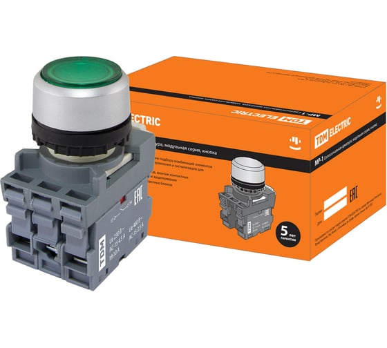 Кнопка TDM MP1-21G(LED) в сборе d22мм/24В 1з+1р зеленая SQ0747-0018 1