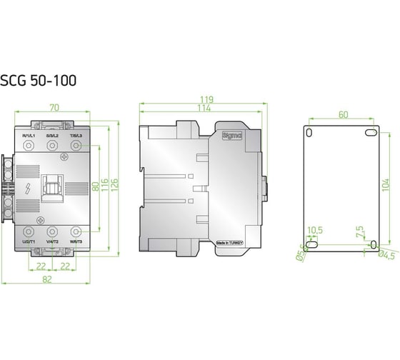 3-полюсный силовой контактор Sigma Elektrik 1NO+1NC с двойной катушкой 55кВ SCG100230