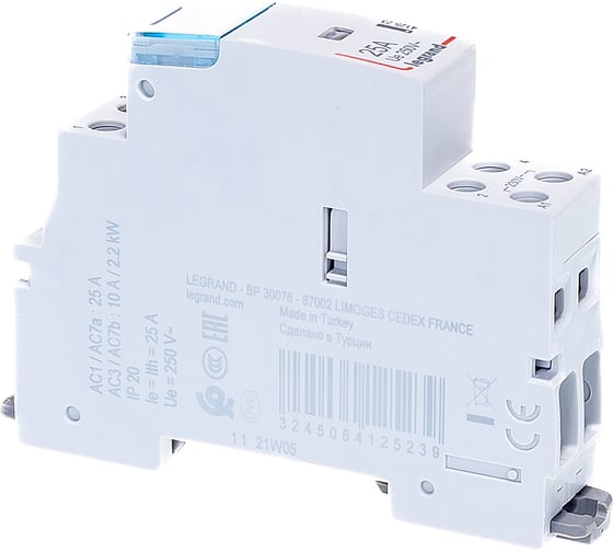 Контактор Legrand CX³ 2П 250 В~ с катушкой 230 В~ 25 A 2 Н.О. 1 модуль 412523
