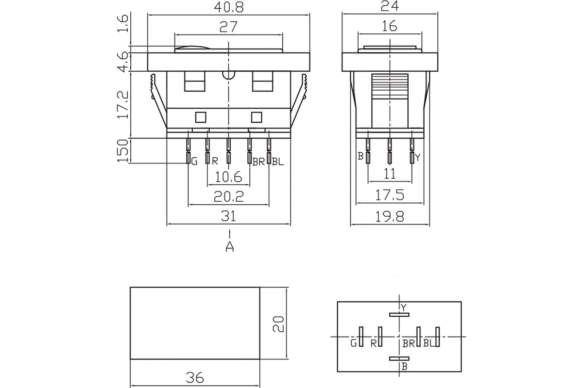 Клавишный переключатель (стеклоподъемника) REXANT 12v 20а (6с)  (on)-off-(on) черный с подсветкой и проводом (asw-21d) 36-4430