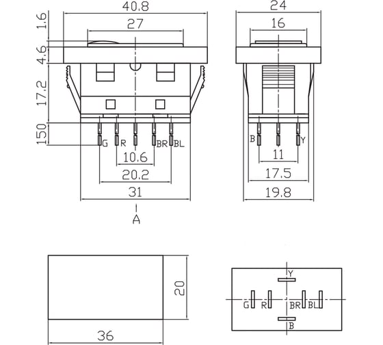 Клавишный переключатель (стеклоподъемника) REXANT 12v 20а (6с) (on)-off-(on) черный с подсветкой и проводом (asw-21d) 36-4430