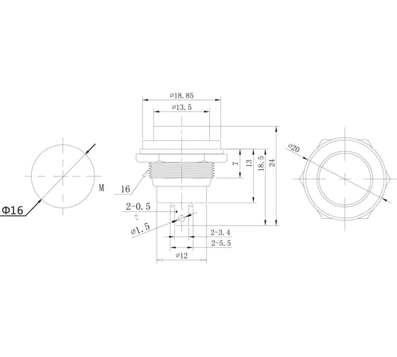 Выключатель-кнопка REXANT металл 250v 2а (2с) off-(on) d16.2 красная (rwd-306) 36-3351