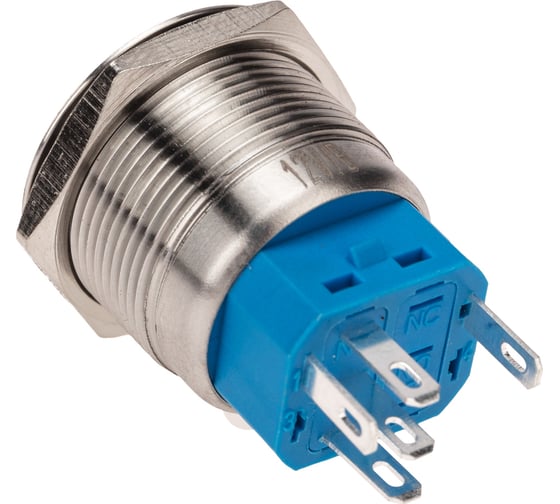 Антивандальная кнопка REXANT d22, 12В(LED), без фиксации, (5с), OFF-(ON)/ON-(OFF), подсветка синяя, 10 шт. 36-3511