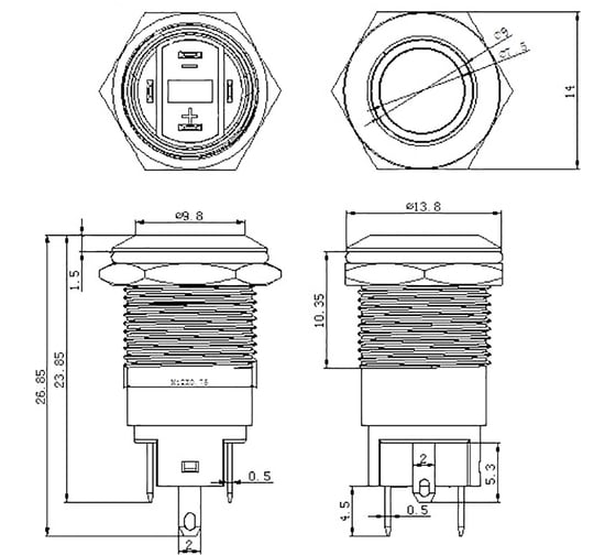 Антивандальная кнопка REXANT d12, 12В(LED), с фиксацией (4с), OFF-ON, синяя (A-12-C2), 10 шт. 36-3221