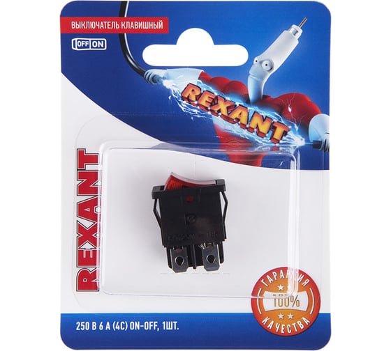 Клавишный выключатель REXANT 250v, 6а, 4с, on-off, красный, с подсветкой, mini (rwb-207, sc-768) 06-0300-A
