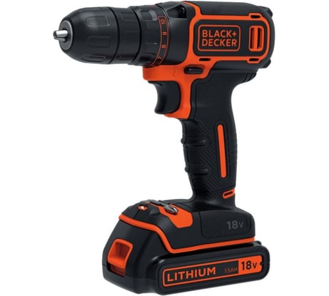 Фото аккумуляторной дрели-шуруповерта Black&Decker BDCDC18KB 18 В, 11 установки кр. момента, 0-650 об/мин, 10.3/30 Нм 2 Li-Ion акк. 1.5Ач, кейс, зарядное устройство Фото аккумуляторной дрели-шуруповерта Black&Decker BDCDC18KB 18 В, 11 установки кр. момента, 0-650 об/мин, 10.3/30 Нм 2 Li-Ion акк. 1.5Ач, кейс, зарядное устройство
