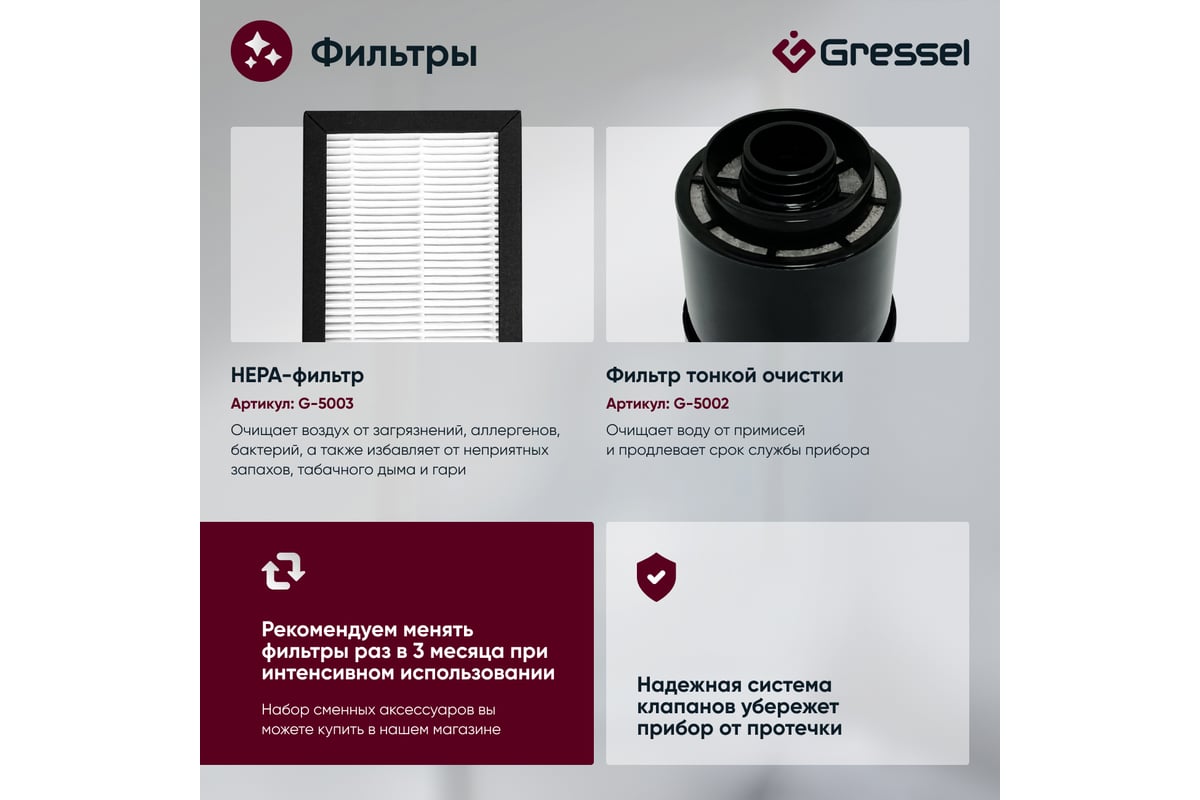 Увлажнитель воздуха Gressel 5.3 л, HEPA фильтр, пульт, 