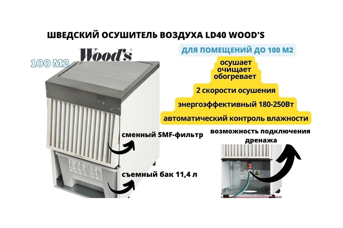 Осушитель воздуха с интеллектуальными программами и цифровым управлением  Woods Швеция LD40 - выгодная цена, отзывы, характеристики, 1 видео, фото -  купить в Москве и РФ