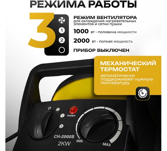 Электрическая тепловая пушка Electrolite CH 2000S (2 кВт, КЕРАМИЧЕСКИЙ НАГРЕВАТЕЛЬ, 3 режима) 5055