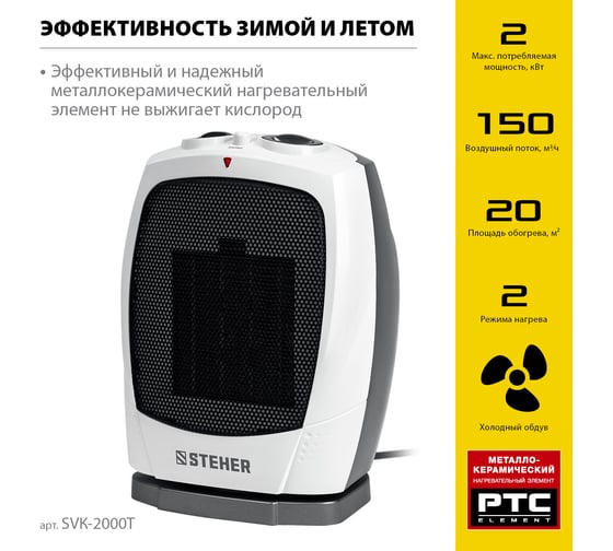 Тепловентилятор STEHER 2 квт, металло-керамический нагревательный элемент, автоповорот SVK-2000T