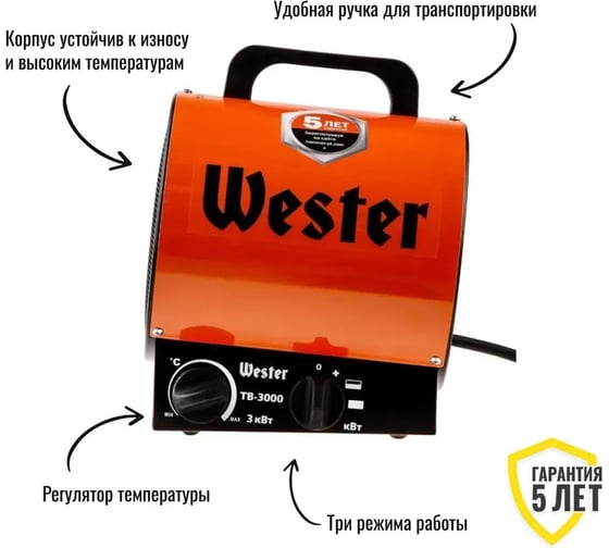 Электрический тепловентилятор Wester TB-3000 3кВт 300м3/ч 30м2 3.2кг 615364