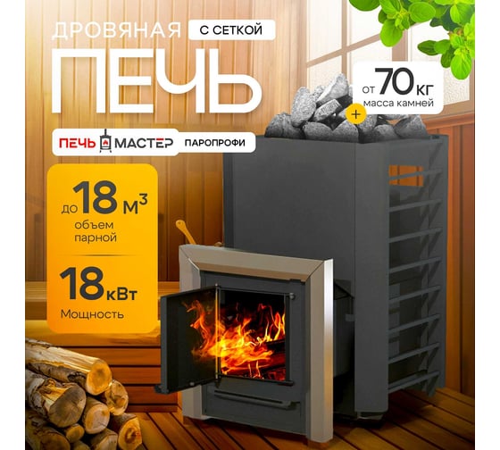 Банная печь ПЕЧЬМАСТЕР ПАРОПРОФИ с сеткой PBPP-18S