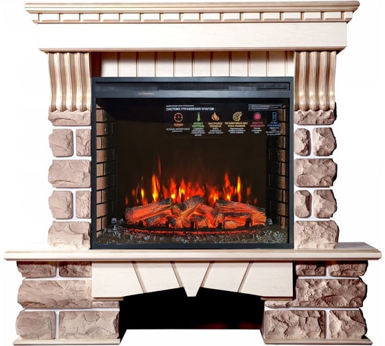 Каминокомплект InterFlame портал Экстер КАВКАЗ с эл. вставкой PANORAMIC 33 LED FX бежевый золотой патиной 1