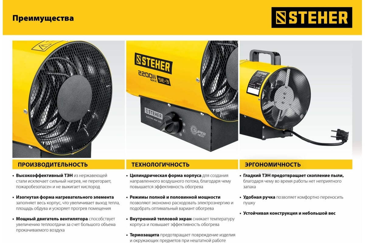 Электрическая тепловая пушка STEHER 3 кВт SE-5 - выгодная цена, отзывы,  характеристики, фото - купить в Москве и РФ