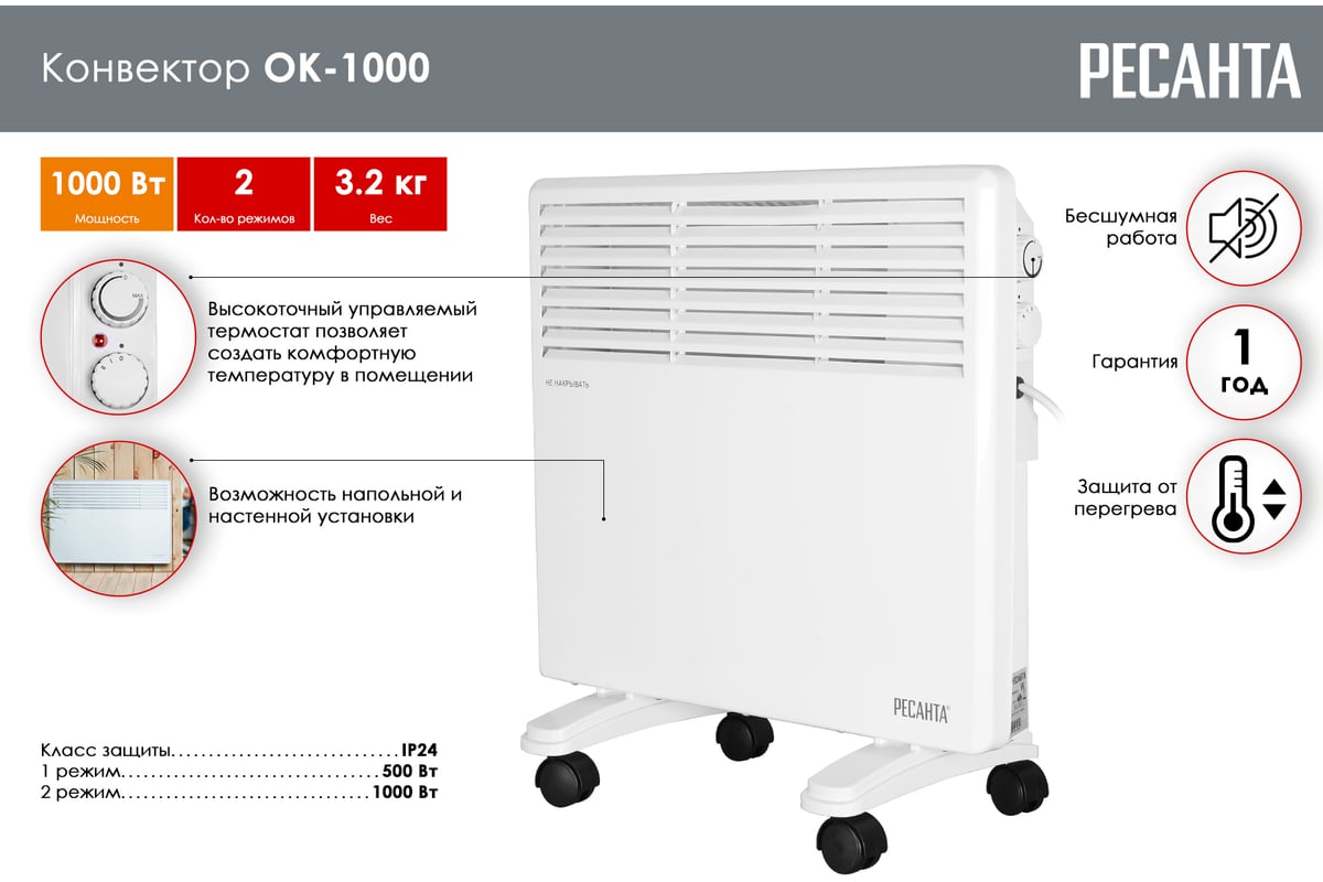 Конвектор электрический Ресанта ОК 1000 67/4/1 - выгодная цена, отзывы,  характеристики, 3 видео, фото - купить в Москве и РФ