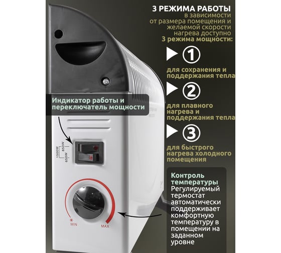 Конвекционный обогреватель Forcekraft 220-240v, 50/60гц, 3 режима нагрева-650/850/1500вт, защ. от перегрева, 50x18x33см FK-CH-Y02S(52329)