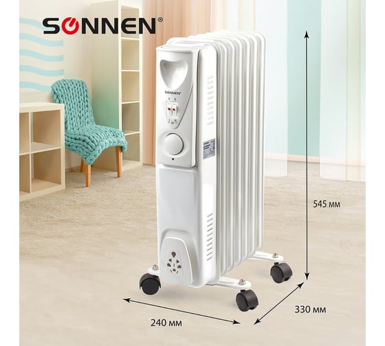 Масляный обогреватель SONNEN DFS-07, 1500 Вт, 7 секций, белый, 453498
