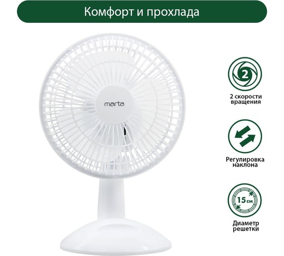 Вентилятор настольный MARTA MT-FN2533 белый/белый 42217