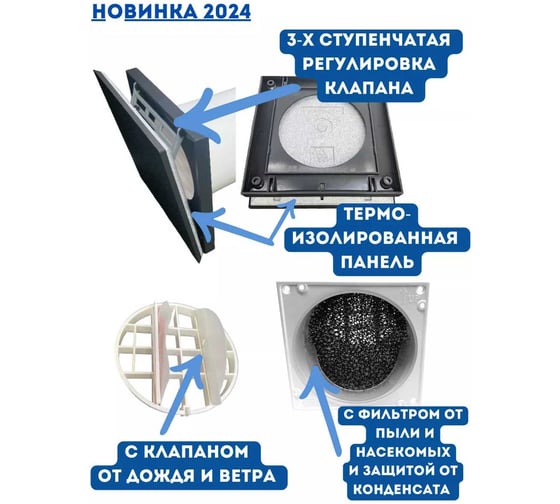 Приточный клапан RETON TL98DE черный, с регулятором расхода воздуха и фильтром, с клапаном от дождя и ветра TL98DE BLACK