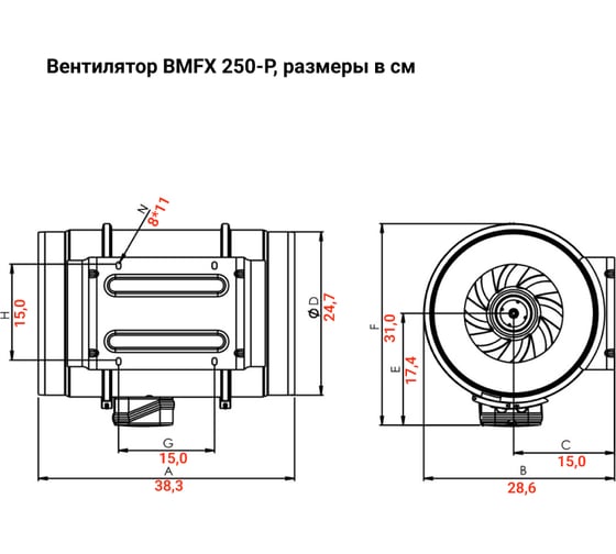 Круглый канальный вентилятор смешанного типа BVN BMFX 250-P