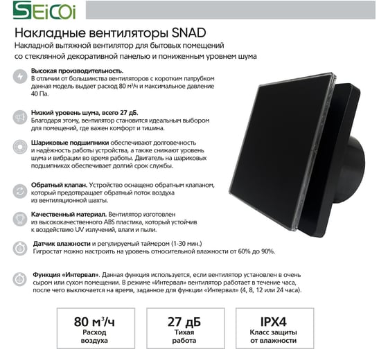 Накладной вентилятор Seicoi SNAD04-01D Matt black glass 21-0005-976
