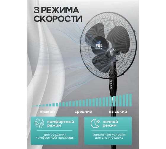 Вентилятор напольный VKL electric VGF-02-RC Black 40 Вт с пультом и таймером 3 режима чёрный 1209176