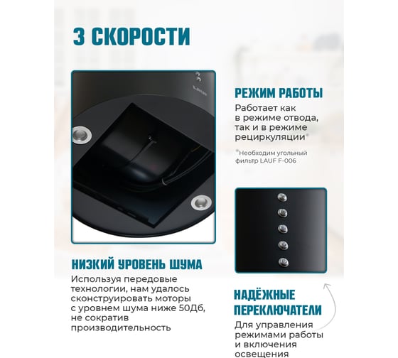 Кухонная вытяжка LAUF ANDROMEDA 350 BLACK/35 см/производительность 1030м3/ч, низкий уровень шума. 6228