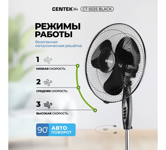 Вентилятор напольный Centek CT-5025 (черный) 40Вт, 1.25м, 43см, 3 скорости, автоповорот CT-5025 Black