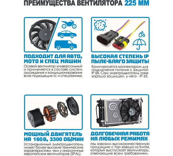 Вентилятор радиатора АРКАИМ 225 мм (9 дюймов) на 24 Вольта, 160 Ватт. Поток: всасывание LNF2209X
