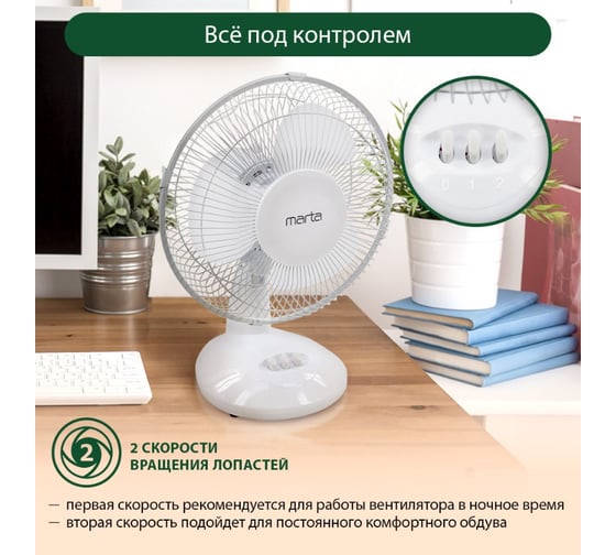 Вентилятор настольный MARTA MT-FN2534 белый/белый 42220