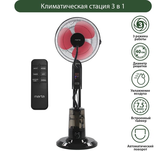 Вентилятор напольный MARTA MT-FN2550 черный/красный 39904
