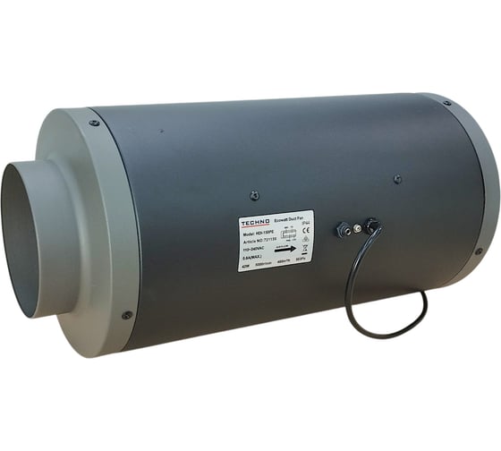 Канальный вентилятор TECHNO HDI-150PE, малошумный высокой производительности, многоскоростной, D150(160)мм, 480м3/час, 583Па, металл, провод 0.6м, 42Вт, 230В 721150
