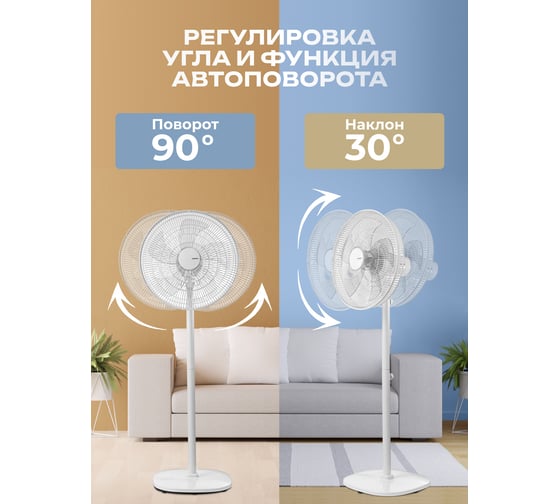 Напольный вентилятор Centek 65Вт Пульт ДУ, 1.3м, 44,5см, таймер до 7,5ч, тяжелая база CT-5024 White