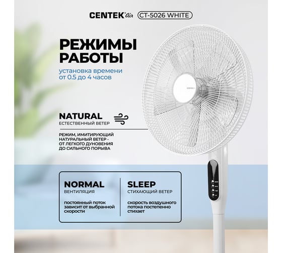 Напольный вентилятор Centek 65Вт Пульт ДУ, LED, 44,5см, таймер, тяжелая база CT-5026 White